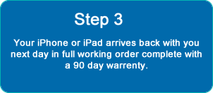 Step 3: Your iPhone or iPad arrives back with you next day in full working order, complete with a 90 day warranty.